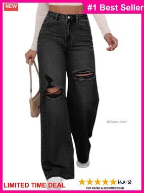 Ripped Wide Leg Baggy High Rise Jeans Distressed Denim Pants